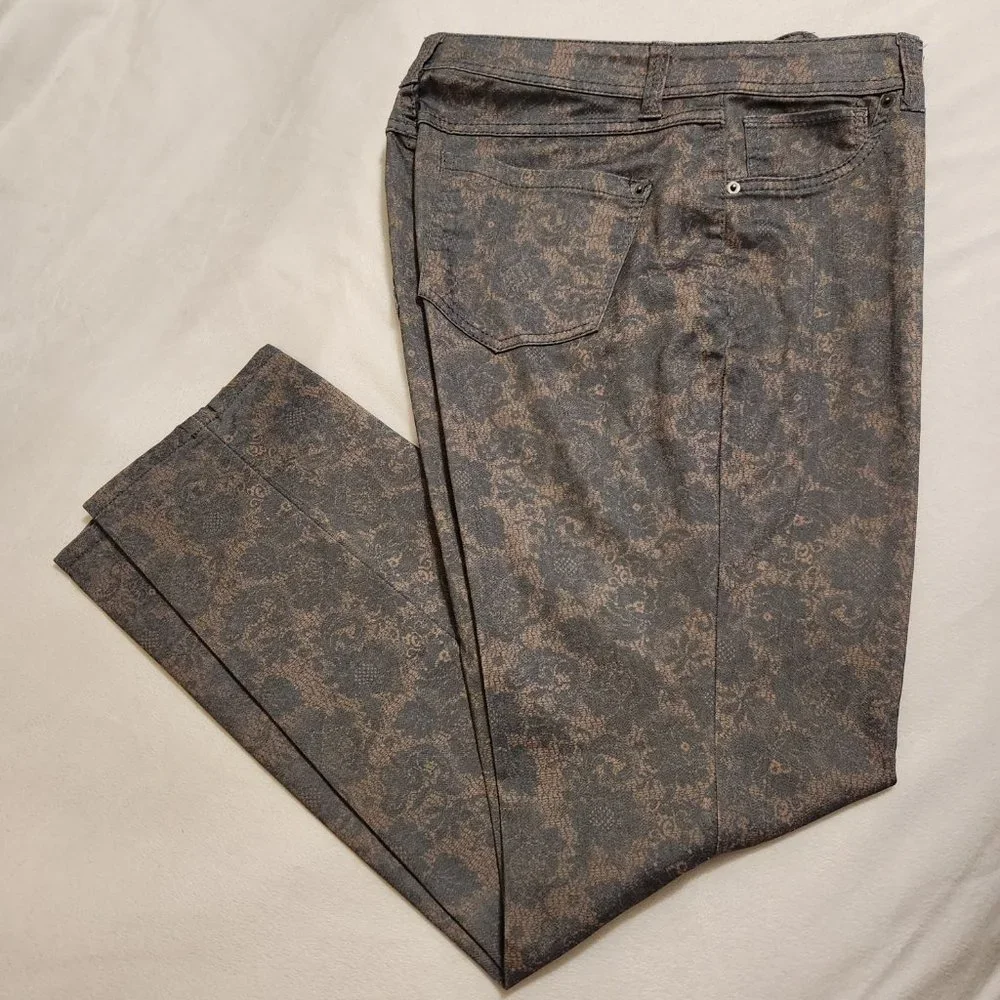 Ink Denim Bluegreen/Gold Brocade Paisley Floral Damask Stretch Pants Size 12